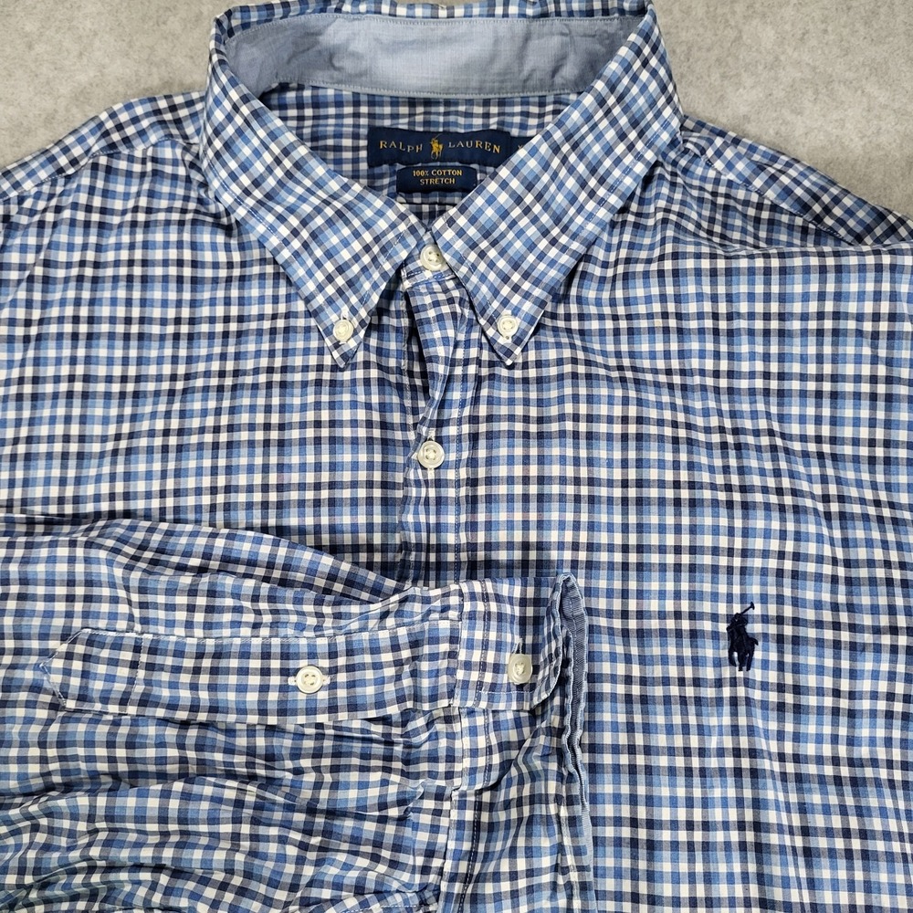 Ralph Lauren 100% Cotton Stretch Long Sleeve Button Up Shirt Mens XXL Blue Check